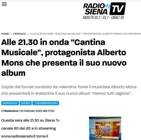 TV | 19 febbraio | Alberto Mons su Radio Siena TV